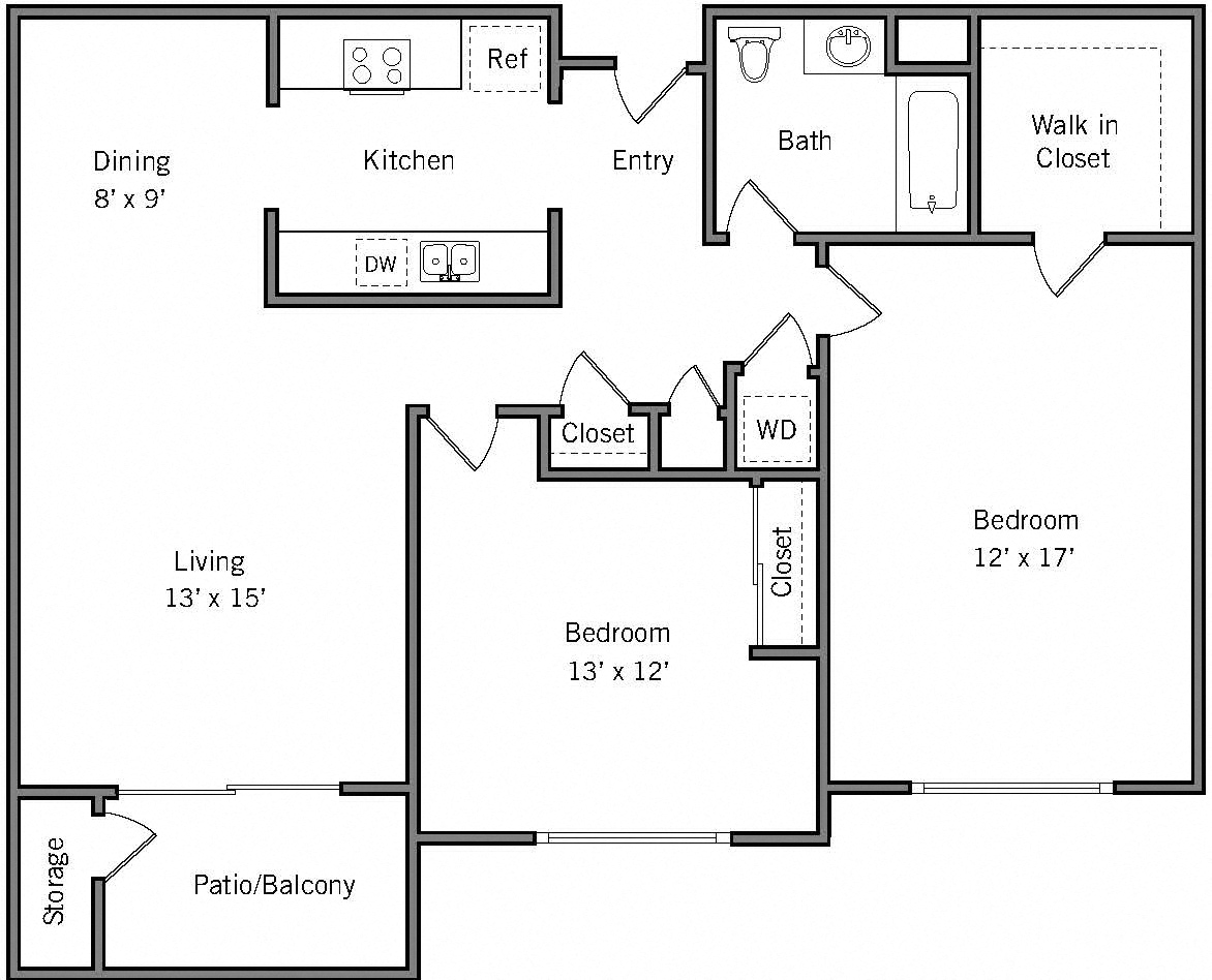Floor plan for 2 beds, 1 bath, 1053 sqft